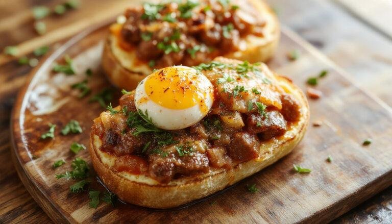Una tostada de sobrasada a la plancha con un huevo frito en la parte superior, presentada sobre un plato blanco sobre una mesa de madera, con la sobrasada dorada y el huevo con la yema jugosa visible, acompañada de un toque de perejil y pan crujiente en el fondo.