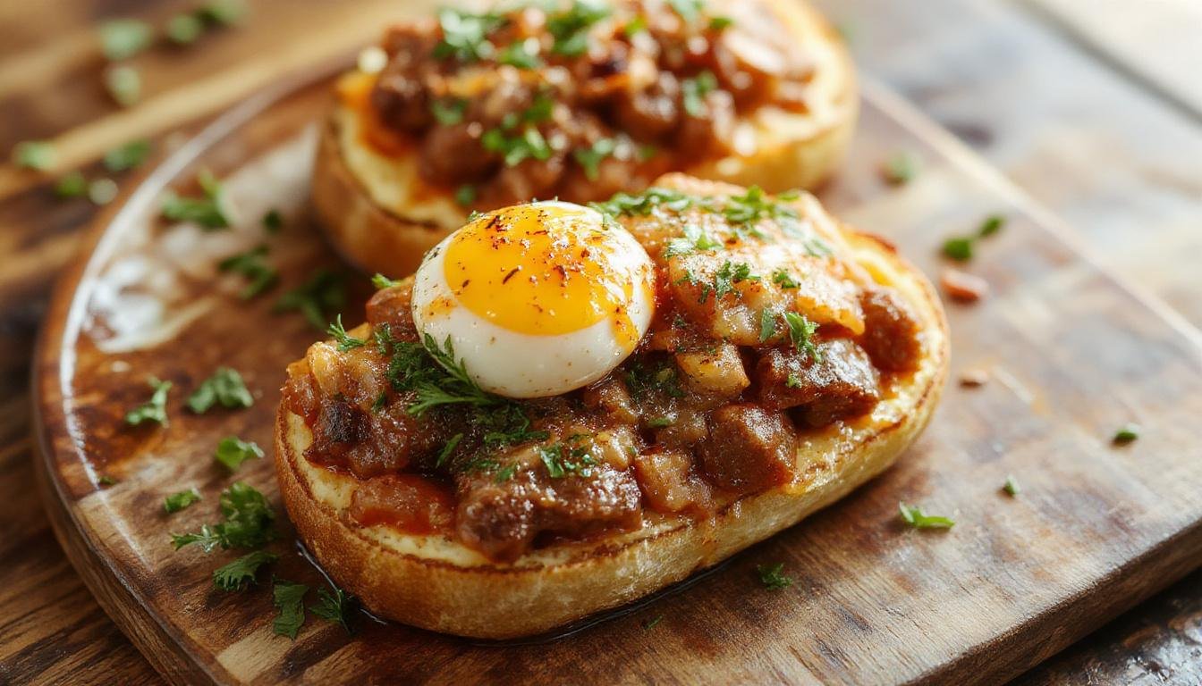 Una tostada de sobrasada a la plancha con un huevo frito en la parte superior, presentada sobre un plato blanco sobre una mesa de madera, con la sobrasada dorada y el huevo con la yema jugosa visible, acompañada de un toque de perejil y pan crujiente en el fondo.