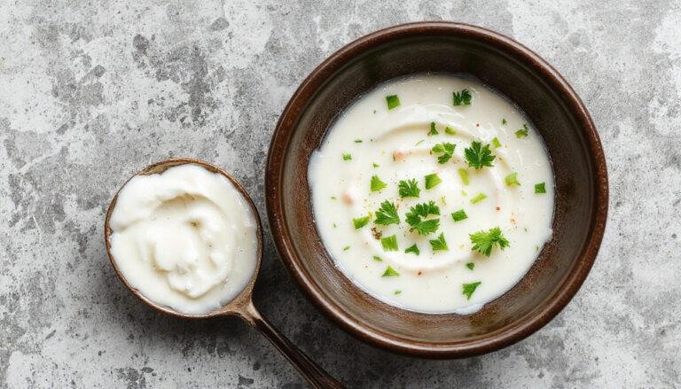 Un tazón de salsa tzatziki cremosa y fresca, con color blanco y verde, rodeado de rodajas de pepino y pan pita crujiente en un plato blanco, presentado como un aperitivo saludable y apetitoso.