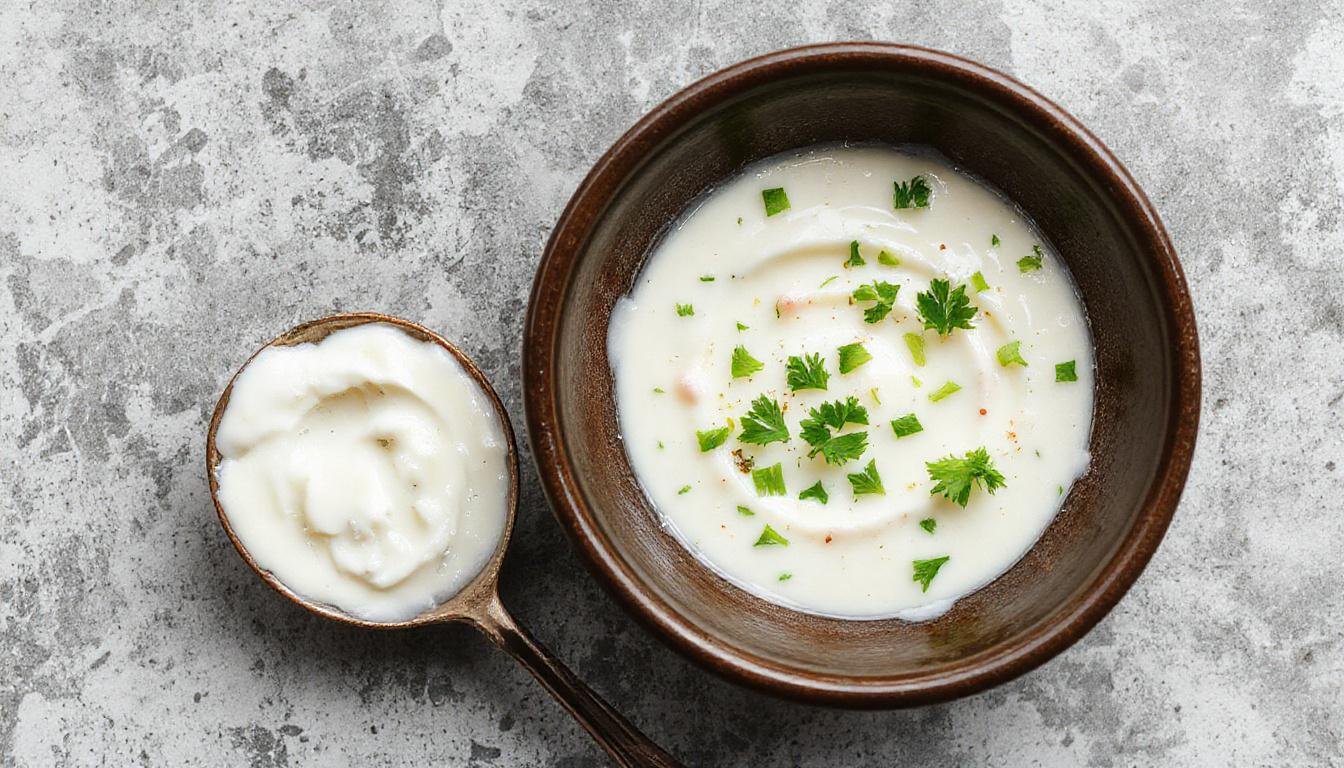 Un tazón de salsa tzatziki cremosa y fresca, con color blanco y verde, rodeado de rodajas de pepino y pan pita crujiente en un plato blanco, presentado como un aperitivo saludable y apetitoso.