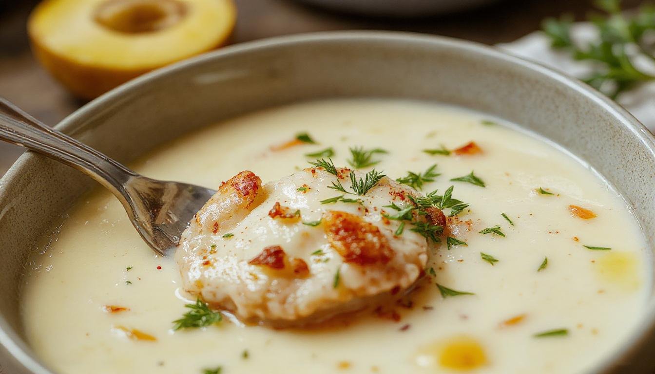 Una taza de vichyssoise fría de color pálido con un toque de perejil fresco y una textura suave y cremosa, presentada en un plato blanco sobre una mesa de madera clara, acompañada de una cuchara metálica decorativa.