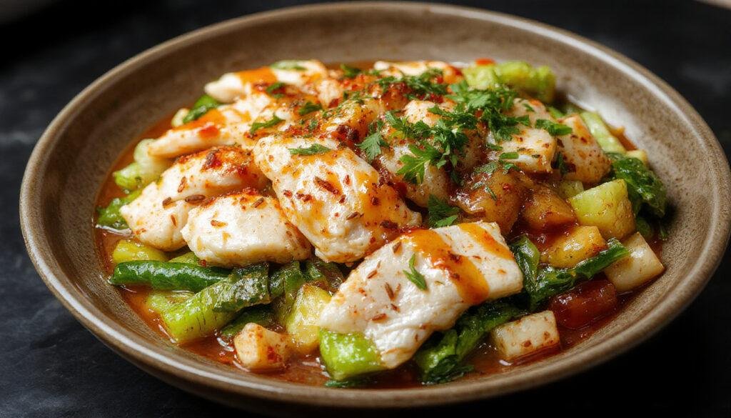 Plato de wok de verduras y pollo en un plato hondo, con verduras vibrantes como pimientos, brócoli y zanahorias, junto con trozos de pollo dorados y salsa brillante y mantecosa, decorado con semillas de sésamo y cebollín picado.