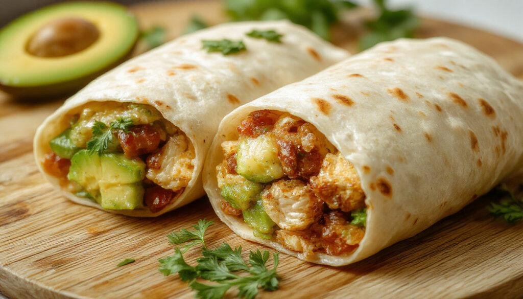 Wrap de pollo y aguacate cortado por la mitad, mostrando su interior con trozos de pollo jugoso, aguacate cremoso, lechuga fresca y salsa, presentado en un plato blanco sobre una mesa de madera.