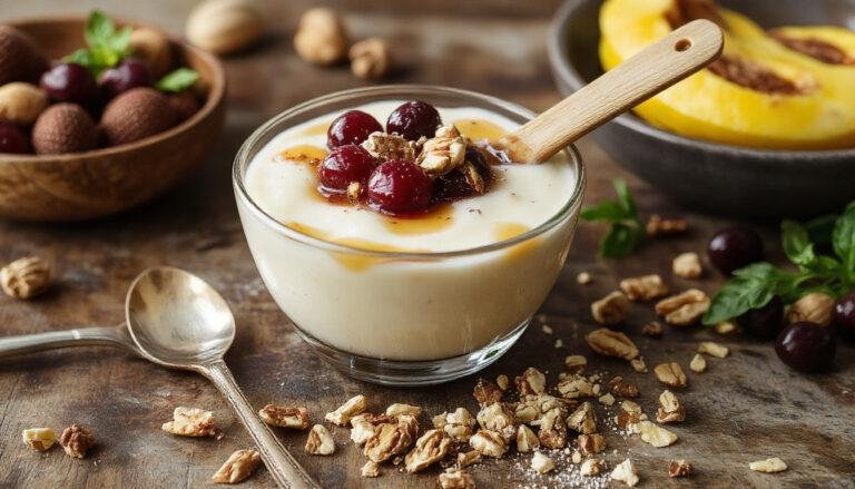 Un tazón de yogur griego cremoso, decorado con trozos de fruta fresca como fresas y plátanos, rociado con miel dorada y espolvoreado con nueces picadas, presentado sobre una mesa de madera clara en un entorno luminoso y apacible.