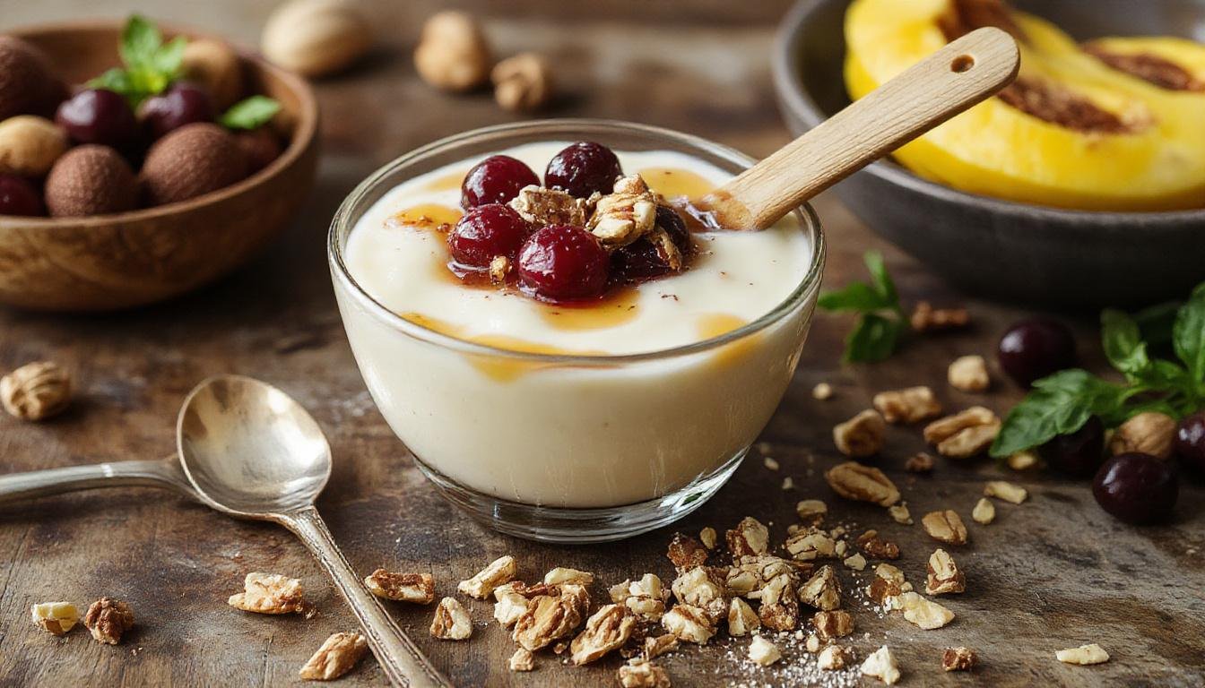 Un tazón de yogur griego cremoso, decorado con trozos de fruta fresca como fresas y plátanos, rociado con miel dorada y espolvoreado con nueces picadas, presentado sobre una mesa de madera clara en un entorno luminoso y apacible.