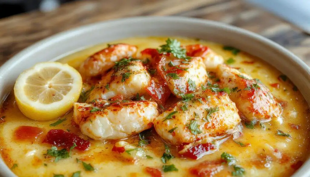 Plato de zarzuela de pescado y marisco en una cazuela honda, con trozos de pescado blanco, mejillones, langostinos y calamares, todo en una salsa roja rica y aromática, decorado con perejil fresco, presentado en una mesa de madera con pan a un lado.