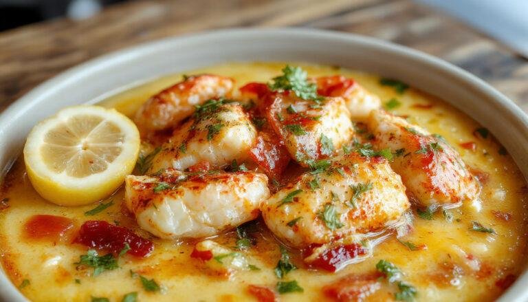 Plato de zarzuela de pescado y marisco en una cazuela honda, con trozos de pescado blanco, mejillones, langostinos y calamares, todo en una salsa roja rica y aromática, decorado con perejil fresco, presentado en una mesa de madera con pan a un lado.