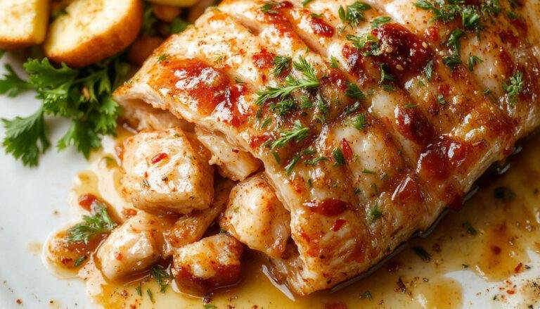 Plato de zorza gallega servido en un plato blanco, con carne de cerdo picada en trozos pequeños, adobada con especias rojas y verdes, acompañado de cebolla y pimientos, con un toque de pimentón y decorado con perejil fresco. La carne tiene un color rojizo vibrante y una textura jugosa, presentándose de manera apetecible y tradicional.