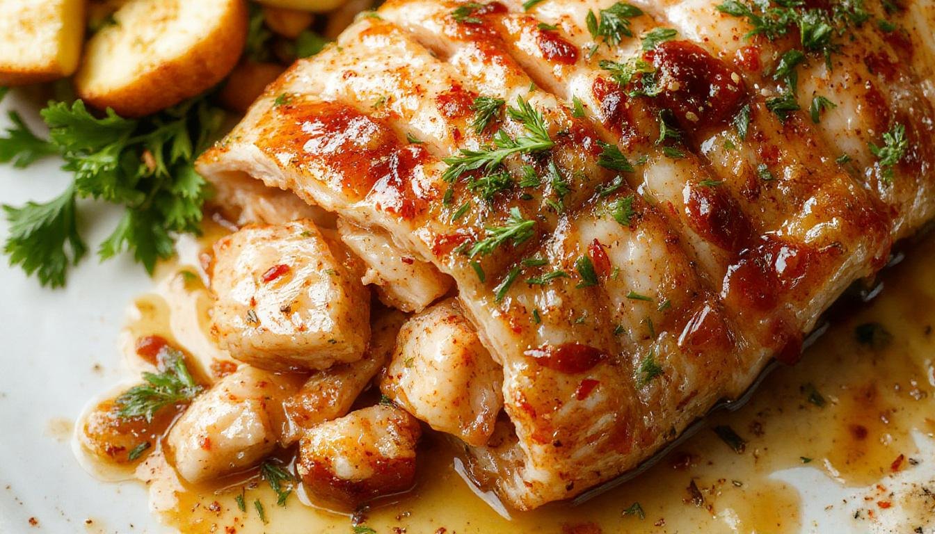 Plato de zorza gallega servido en un plato blanco, con carne de cerdo picada en trozos pequeños, adobada con especias rojas y verdes, acompañado de cebolla y pimientos, con un toque de pimentón y decorado con perejil fresco. La carne tiene un color rojizo vibrante y una textura jugosa, presentándose de manera apetecible y tradicional.