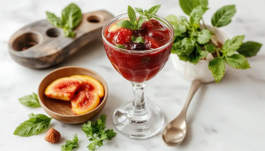 Vaso alto de zumo de frutos rojos con un color rojo vibrante, adornado con unas frambuesas y una hoja de menta en la superficie, presentación en un fondo blanco limpio y brillante que resalta su frescura y textura líquida homogénea.
