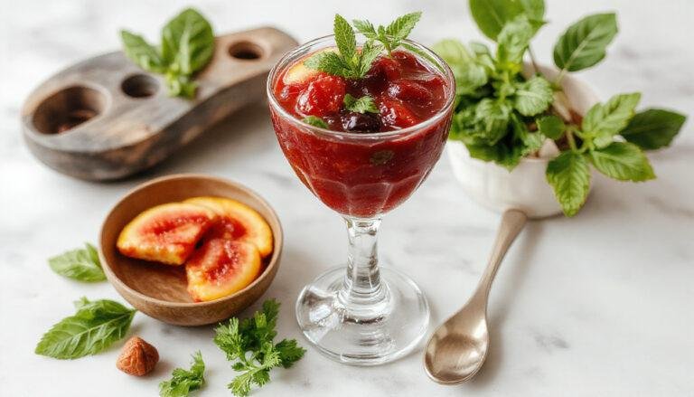 Vaso alto de zumo de frutos rojos con un color rojo vibrante, adornado con unas frambuesas y una hoja de menta en la superficie, presentación en un fondo blanco limpio y brillante que resalta su frescura y textura líquida homogénea.