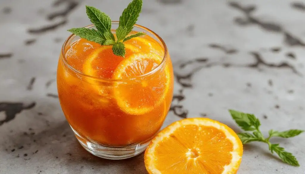 Vaso de zumo de naranja fresco y brillante, con trozos de zanahoria y jengibre visibles en la superficie, adornado con una rodaja de naranja en el borde, presentado en un vaso trasparente sobre una mesa de madera clara, acompañando un desayuno saludable.