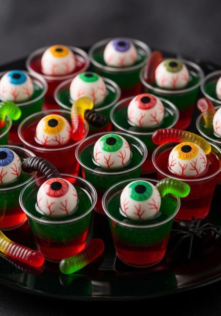 Colorful spooky eyeball gelatin shots arranged on a black platter, with vibrant red and green gelatin, realistic eyeball decorations, glossy surfaces, and a dark background for a Halloween-themed presentation.