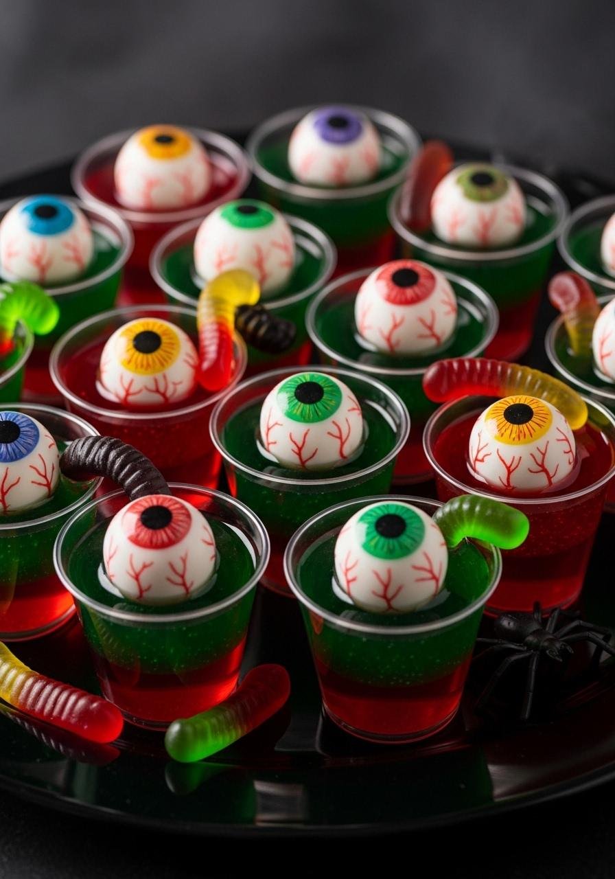 Colorful spooky eyeball gelatin shots arranged on a black platter, with vibrant red and green gelatin, realistic eyeball decorations, glossy surfaces, and a dark background for a Halloween-themed presentation.