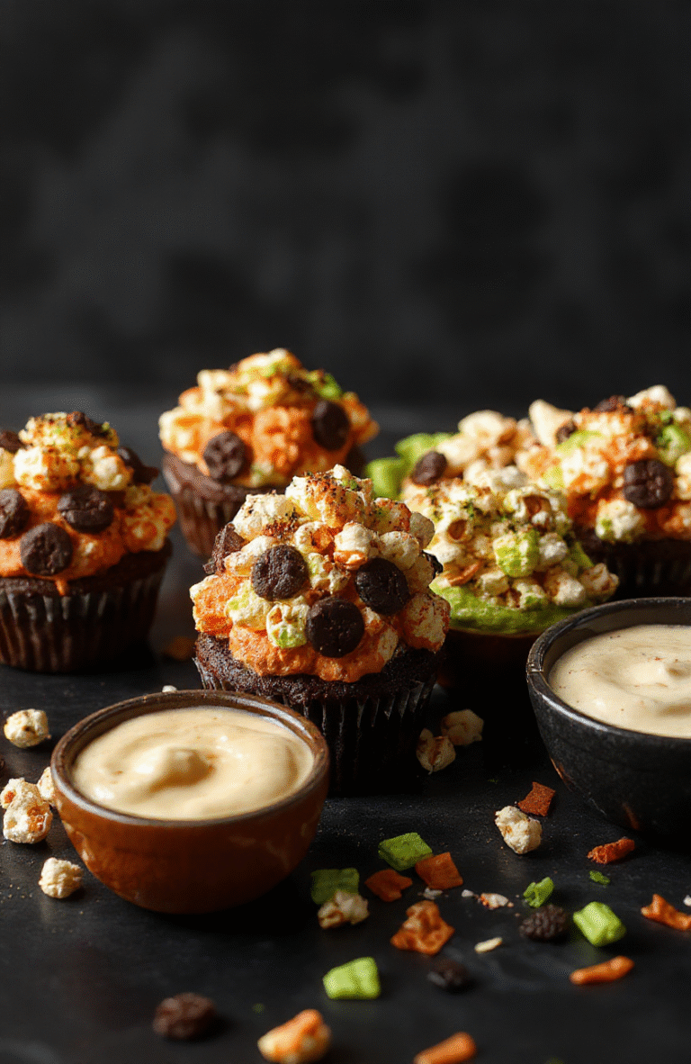 Colorful and spooky Halloween movie night snacks arranged on a dark table, featuring creepy cupcakes, monster popcorn, and themed dips with vibrant orange, black, and green hues, styled with festive decorations and eerie lighting.