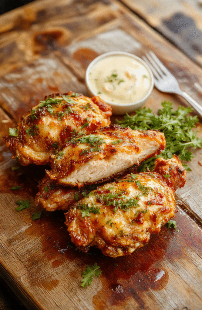 A vibrant plate of Alice Springs Chicken featuring tender grilled chicken breasts topped with melted cheese, crispy bacon bits, sautéed mushrooms, and a creamy sauce, garnished with fresh herbs. The dish is elegantly plated on a rustic wooden table, highlighting the luscious textures and appetizing appearance.