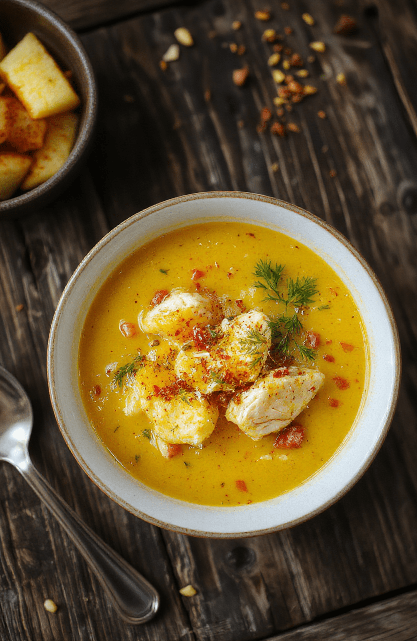 A vibrant bowl of golden turmeric chicken soup garnished with fresh herbs, served on a rustic wooden table with steam rising, showcasing tender chicken chunks, colorful vegetables, and a sprinkle of herbs for a cozy, inviting look.