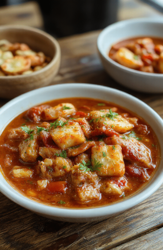 A vibrant bowl of authentic German Goulash featuring tender chunks of beef, rich thick paprika sauce, and colorful vegetables like peppers and onions, garnished with fresh herbs, sitting on a rustic wooden table with a slice of crusty bread in the background.