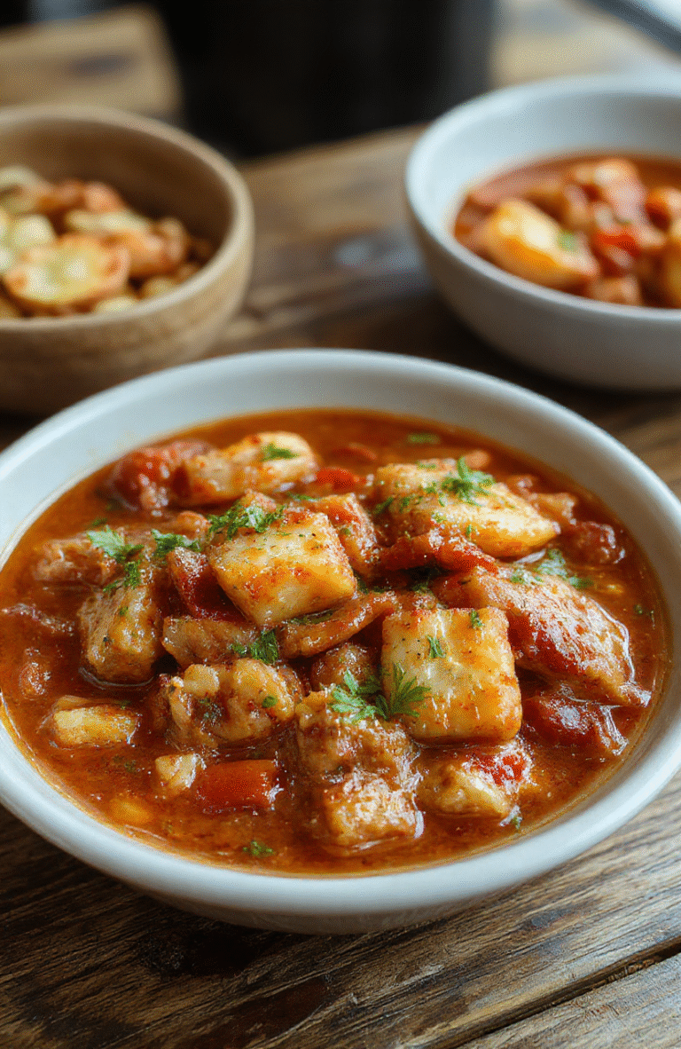 A vibrant bowl of authentic German Goulash featuring tender chunks of beef, rich thick paprika sauce, and colorful vegetables like peppers and onions, garnished with fresh herbs, sitting on a rustic wooden table with a slice of crusty bread in the background.