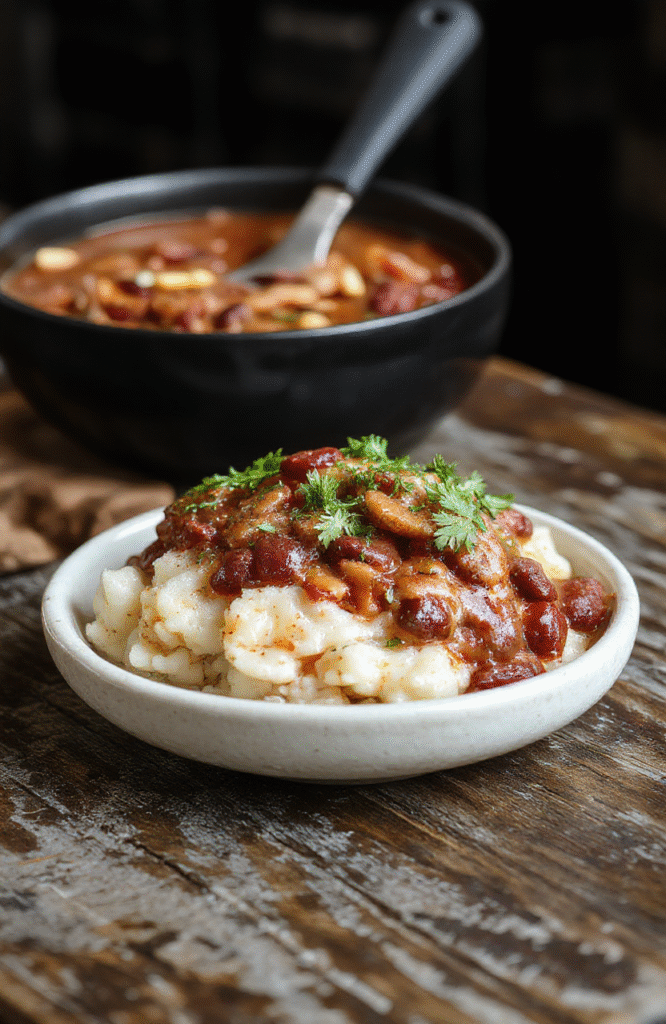 A vibrant plate of Louisiana red beans and rice featuring tender red beans simmered with spices, served over fluffy white rice, garnished with green onions and chopped cilantro, with a side of cornbread. The dish is colorful and inviting, with rich textures and a warm, rustic presentation, styled on a wooden table with natural lighting.