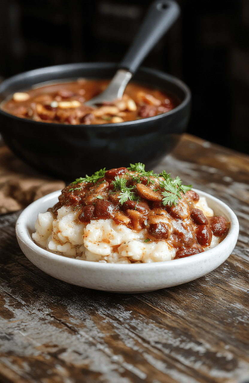 A vibrant plate of Louisiana red beans and rice featuring tender red beans simmered with spices, served over fluffy white rice, garnished with green onions and chopped cilantro, with a side of cornbread. The dish is colorful and inviting, with rich textures and a warm, rustic presentation, styled on a wooden table with natural lighting.