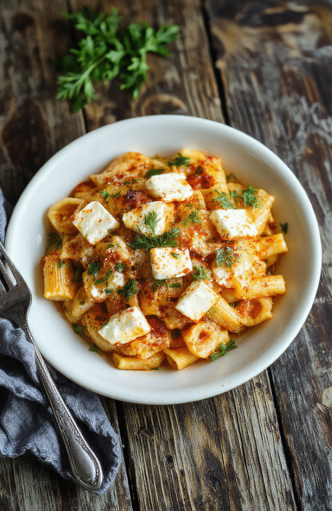 A vibrant plate of baked feta veggie pasta featuring creamy feta cheese melting over al dente pasta, garnished with fresh herbs, colorful roasted vegetables surrounding the dish, styled on a rustic wooden table with natural light highlighting textures and colors.