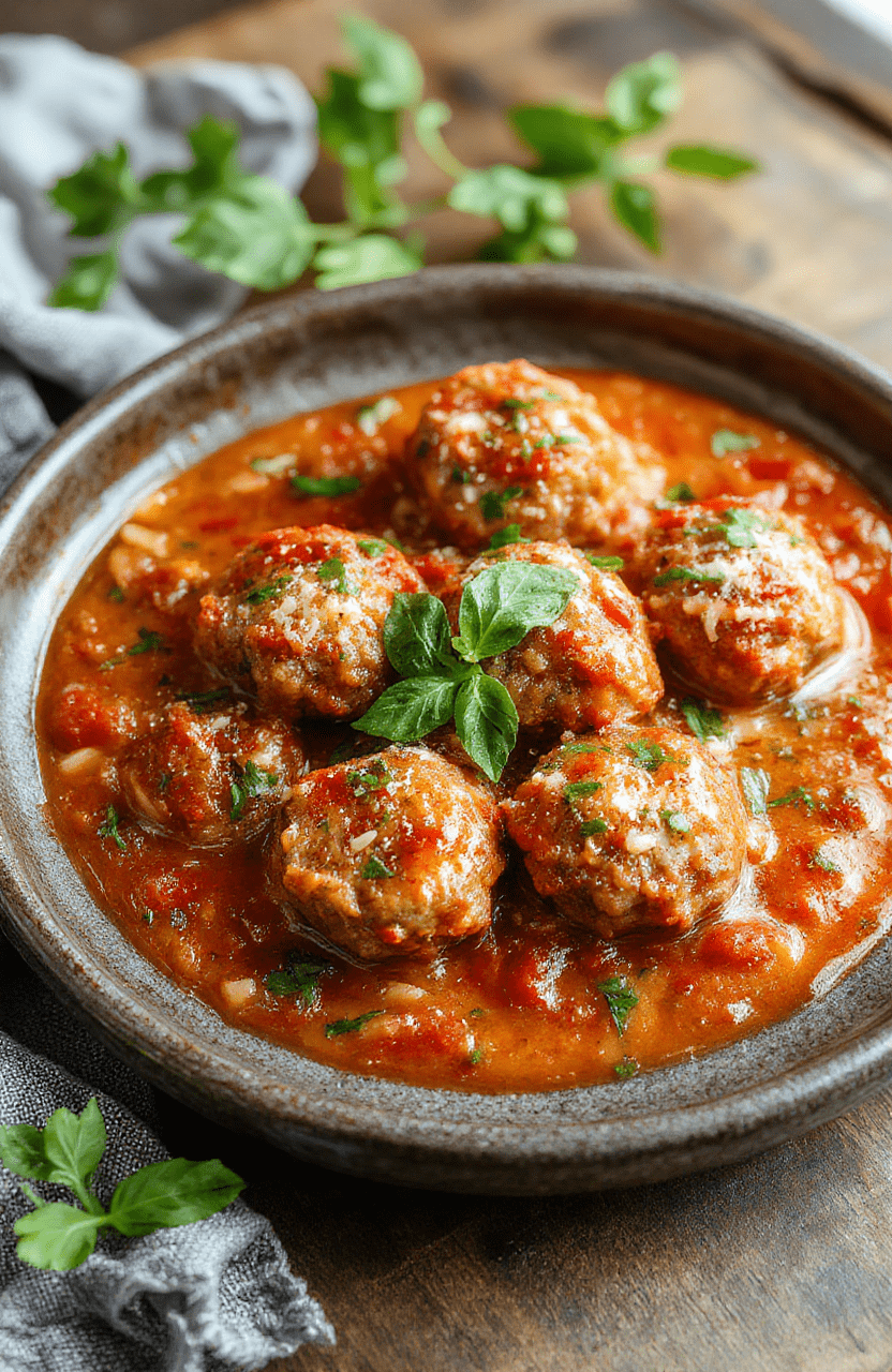 A close-up of juicy Italian meatballs glazed in rich tomato sauce, garnished with fresh basil and grated cheese, served on a rustic plate with a side of garlic bread, vibrant colors, and inviting textures.