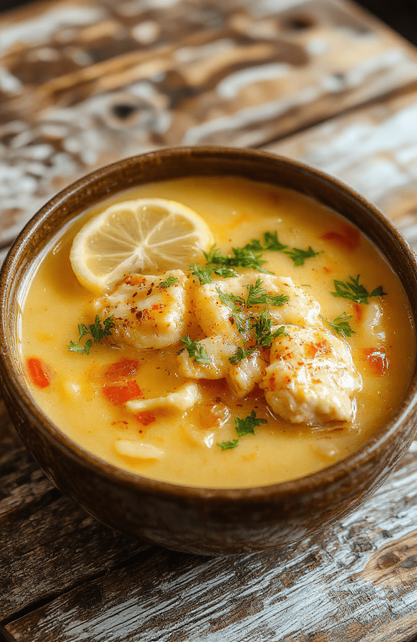 A vibrant bowl of lemon chicken orzo soup with tender shredded chicken, al dente orzo pasta, bright yellow lemon slices, fresh herbs, and a sprinkle of black pepper, served in a rustic white bowl on a wooden table with a lemon wedge and sprigs of parsley, showcasing a comforting, fresh, colorful presentation.
