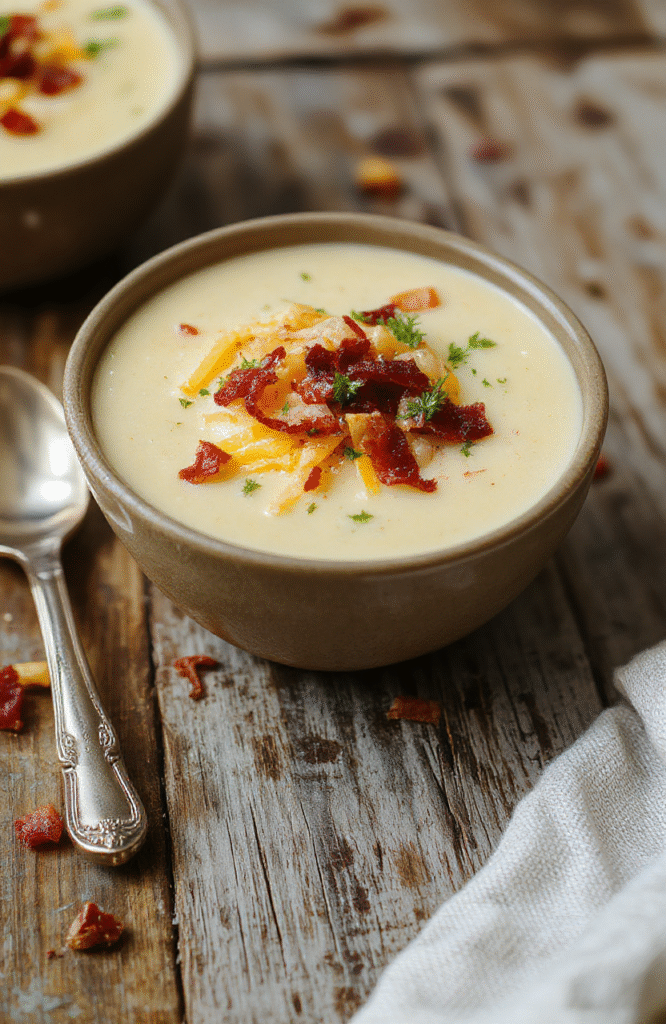 A warm, creamy bowl of loaded potato soup topped with melted cheddar cheese, fresh herbs, and crispy bacon bits, served with a side of crusty bread, vibrant colors, rustic wooden background, inviting and hearty presentation.