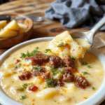 A creamy bowl of cheesy cheesesteak potato soup topped with melted cheese, sautéed onions, green peppers, and crispy bacon bits, served with a dollop of sour cream on a rustic wooden table.
