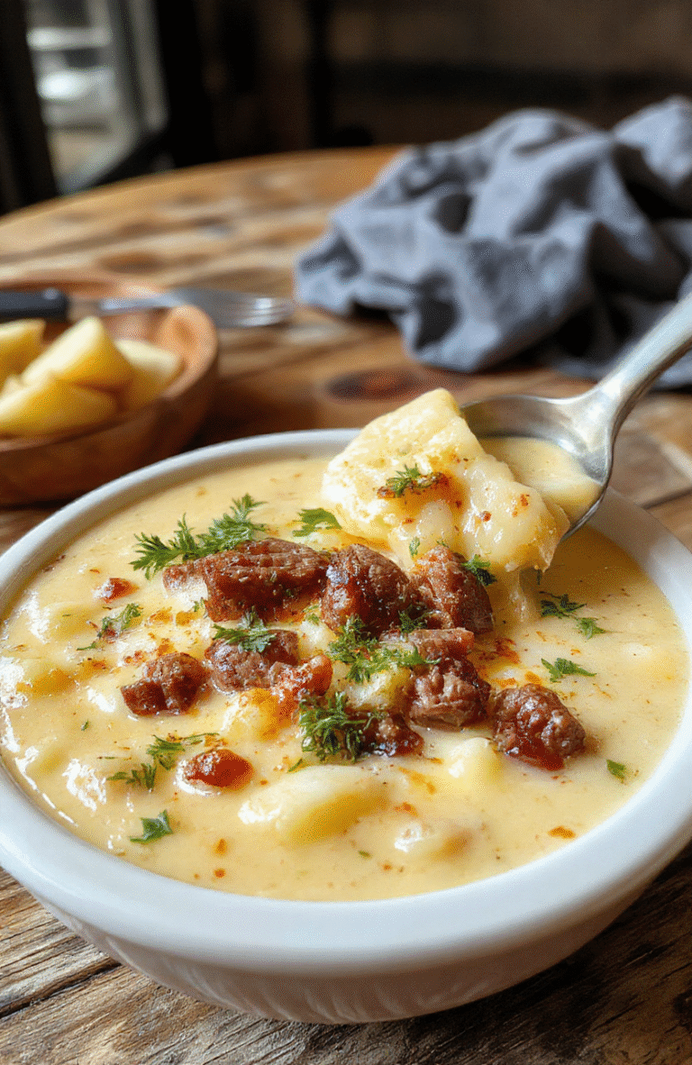 A creamy bowl of cheesy cheesesteak potato soup topped with melted cheese, sautéed onions, green peppers, and crispy bacon bits, served with a dollop of sour cream on a rustic wooden table.