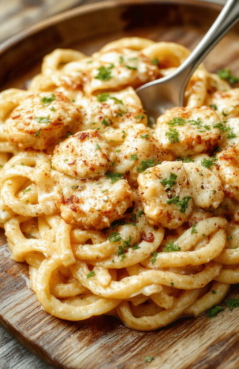 A close-up of a creamy, cheesy Parmesan chicken pasta dish served on a white plate, topped with fresh parsley and grated Parmesan cheese, with a golden-brown crust of baked cheese around the edges, styled simply on a rustic wooden table with a fork.