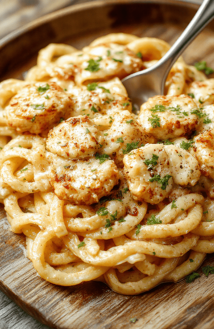 A close-up of a creamy, cheesy Parmesan chicken pasta dish served on a white plate, topped with fresh parsley and grated Parmesan cheese, with a golden-brown crust of baked cheese around the edges, styled simply on a rustic wooden table with a fork.
