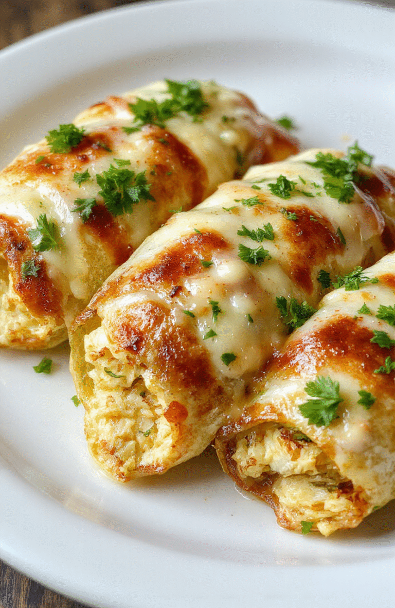 A close-up of cheesy garlic chicken wraps neatly rolled on a white plate, golden brown edges, drizzle of melted cheese, fresh chopped parsley garnish, smoky tender chicken slices and crispy wrap exterior, styled simply for an inviting look.