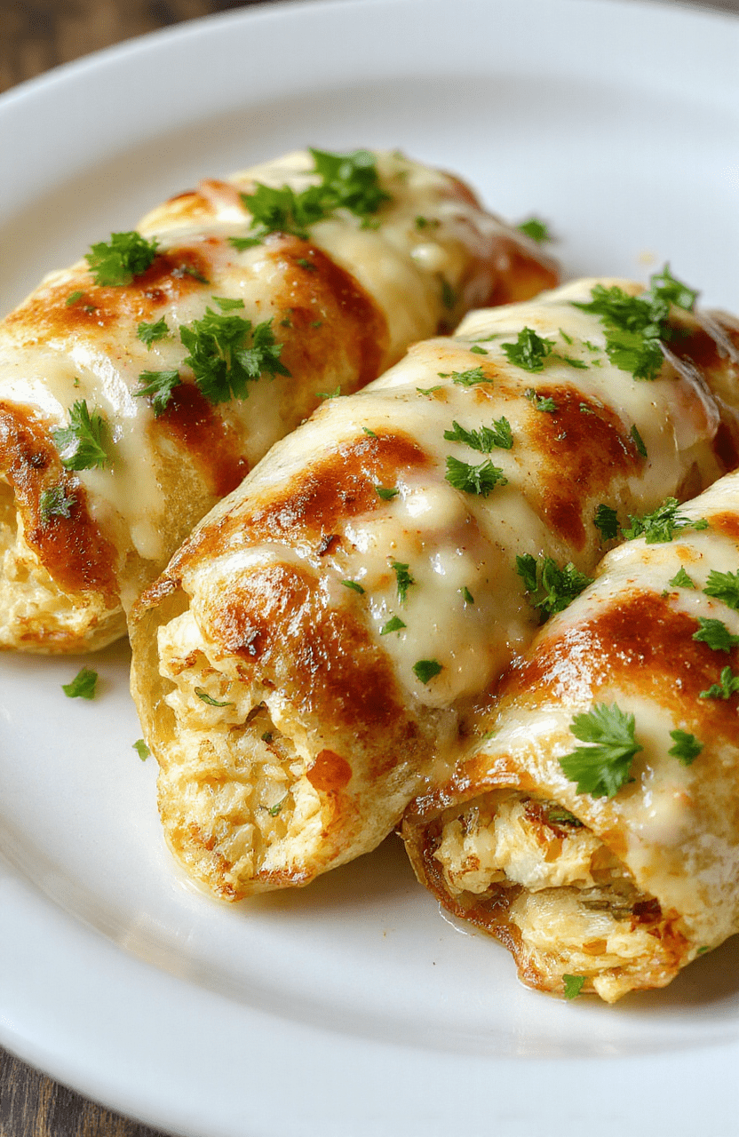 A close-up of cheesy garlic chicken wraps neatly rolled on a white plate, golden brown edges, drizzle of melted cheese, fresh chopped parsley garnish, smoky tender chicken slices and crispy wrap exterior, styled simply for an inviting look.