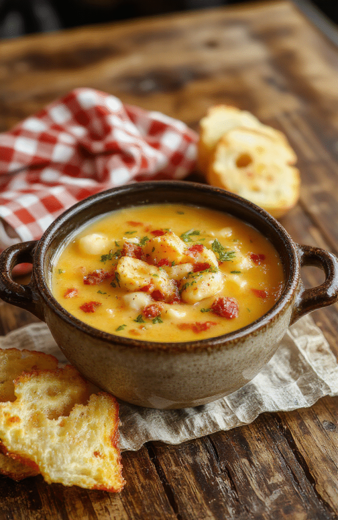 A vibrant bowl of cheesy cheeseburger soup featuring cooked macaroni, melted cheese, ground beef, and fresh herbs, styled in a rustic bowl with a spoon on a wooden table, colorful ingredients visible and steam rising, inviting and hearty.