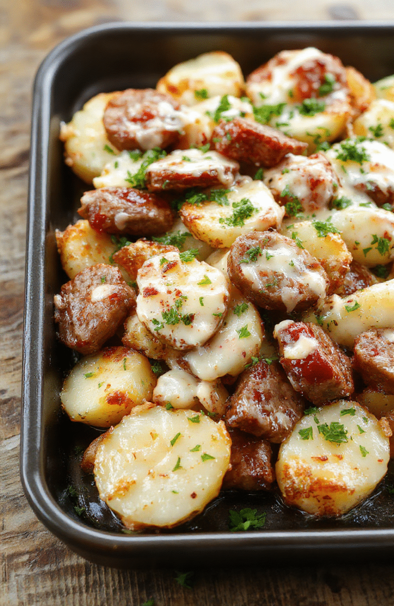A colorful sheet pan filled with golden roasted potatoes, slices of smoked sausage, and melted cheese, garnished with fresh herbs on a rustic wooden table.