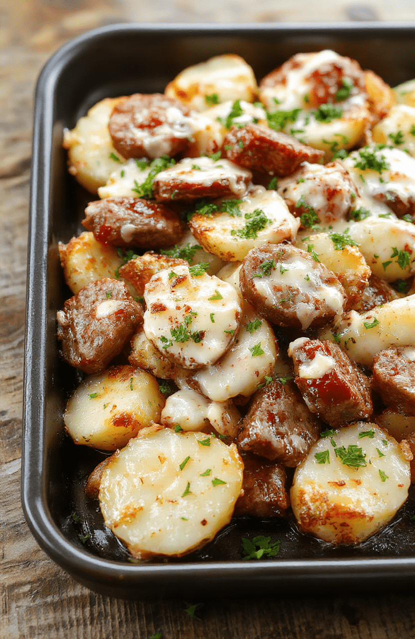 A colorful sheet pan filled with golden roasted potatoes, slices of smoked sausage, and melted cheese, garnished with fresh herbs on a rustic wooden table.