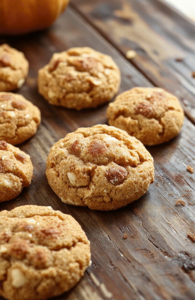 A close-up of chewy pumpkin snickerdoodles coated in cinnamon sugar, arranged on a rustic wooden surface with a drizzle of brown butter visible, warm autumn tones, soft natural light highlighting the texture and golden-brown edges.