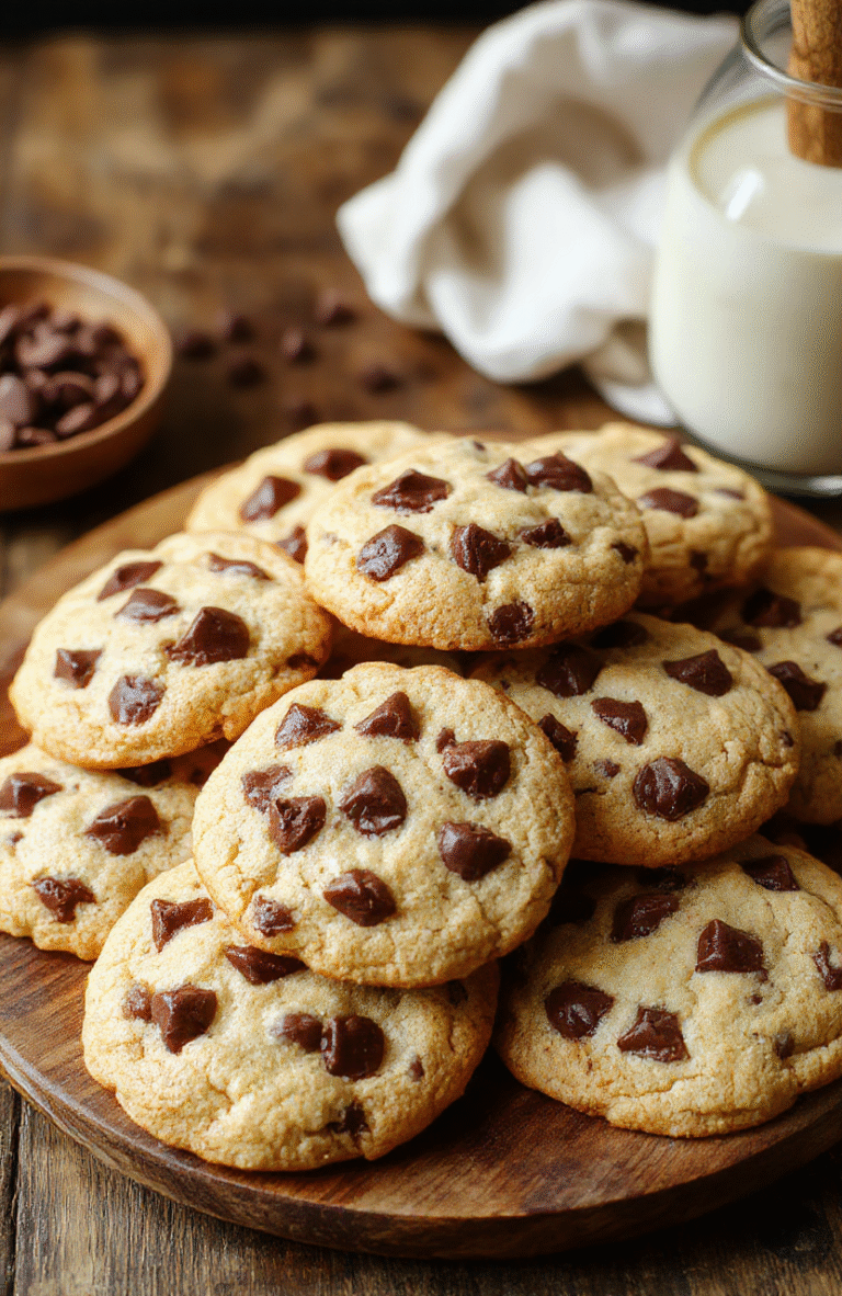 A stack of freshly baked soft chocolate chip cookies with golden edges and gooey chocolate chips, arranged on a rustic wooden platter, with a few cookies broken open to reveal their tender, chewy interior. The cookies are sprinkled with sea salt flakes, and the background features a cozy kitchen scene with warm lighting.