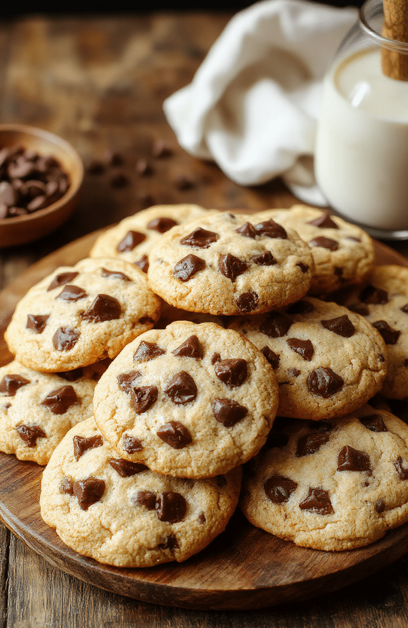 A stack of freshly baked soft chocolate chip cookies with golden edges and gooey chocolate chips, arranged on a rustic wooden platter, with a few cookies broken open to reveal their tender, chewy interior. The cookies are sprinkled with sea salt flakes, and the background features a cozy kitchen scene with warm lighting.