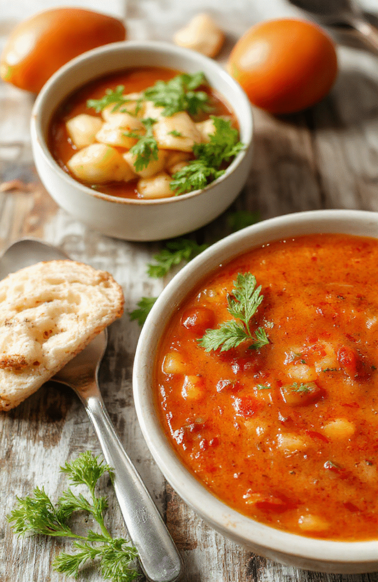 A vibrant bowl of homemade tomato soup garnished with fresh basil and a drizzle of cream, served on a rustic wooden table with a crusty bread slice beside it, capturing warm tones, rich textures, and inviting presentation.