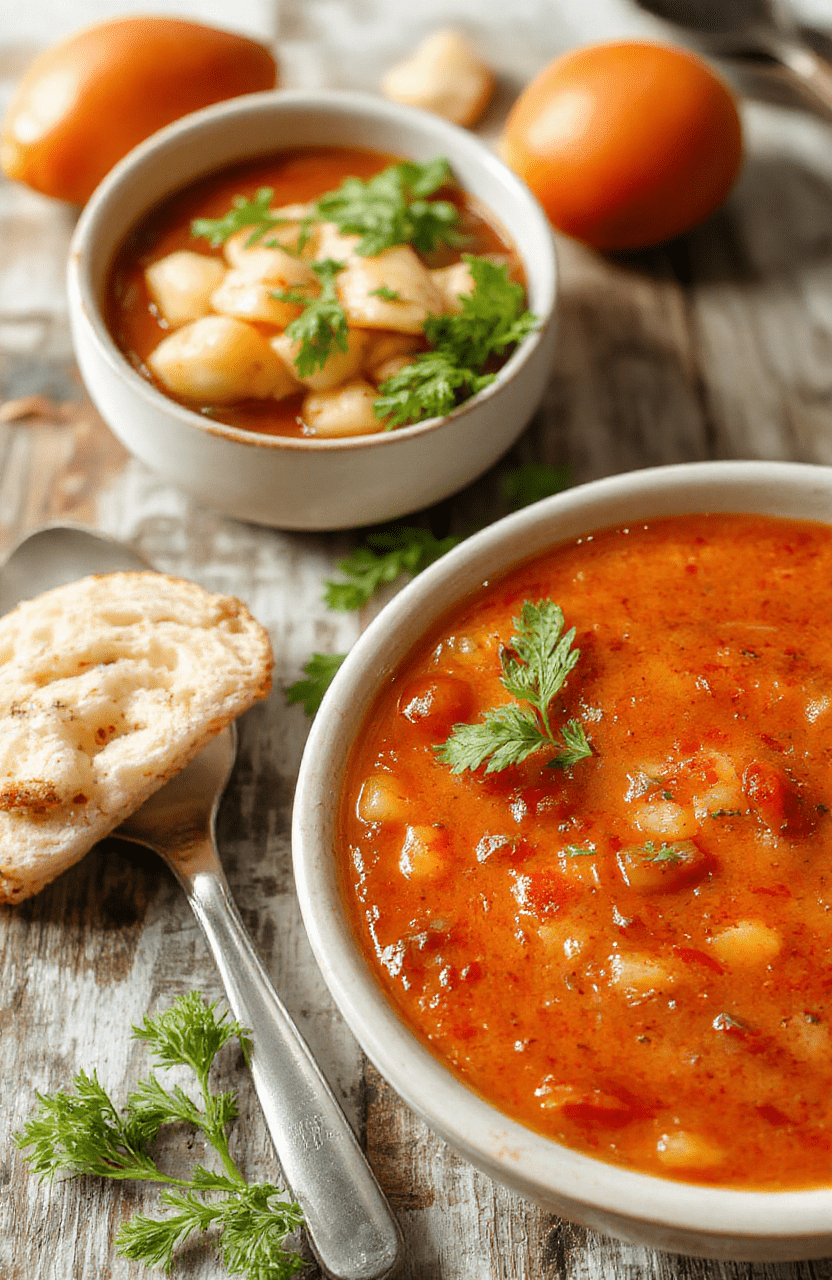 A vibrant bowl of homemade tomato soup garnished with fresh basil and a drizzle of cream, served on a rustic wooden table with a crusty bread slice beside it, capturing warm tones, rich textures, and inviting presentation.