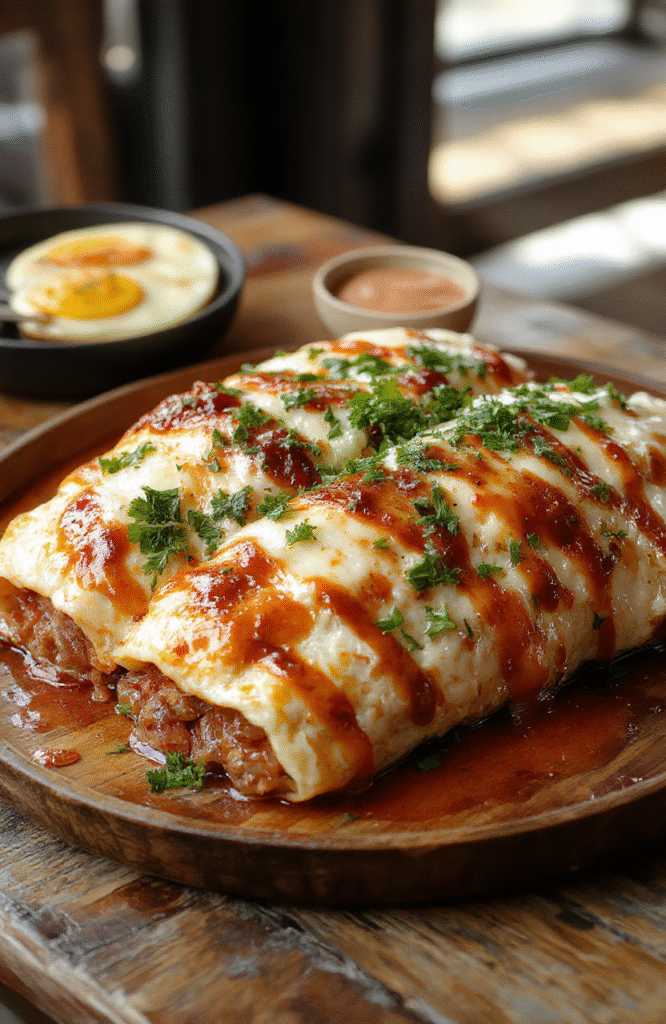 Colorful breakfast enchiladas arranged on a rustic white plate, topped with melted cheese, fresh cilantro, and sliced avocado, with a side of salsa and warm tortillas, styled on a wooden table with natural daylight highlighting textures and vibrant colors.