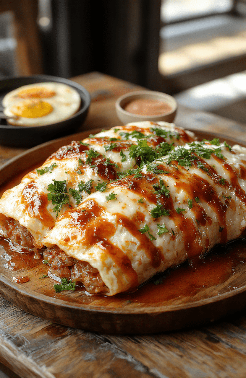 Colorful breakfast enchiladas arranged on a rustic white plate, topped with melted cheese, fresh cilantro, and sliced avocado, with a side of salsa and warm tortillas, styled on a wooden table with natural daylight highlighting textures and vibrant colors.