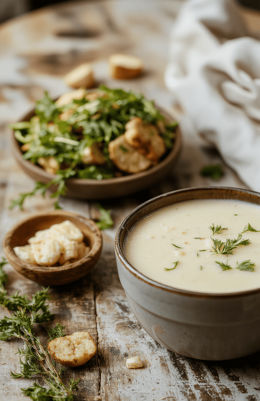 A steaming bowl of Cozy & Creamy French Garlic Soup Velouté with golden-brown toasted bread on the side, garnished with fresh parsley, served in a rustic white bowl. The vibrant yellow-orange color of the soup contrasts with the dark crust of the bread, and the creamy texture is visible through a slight sheen. The scene is styled on a wooden table with soft natural lighting, emphasizing warmth and comfort.