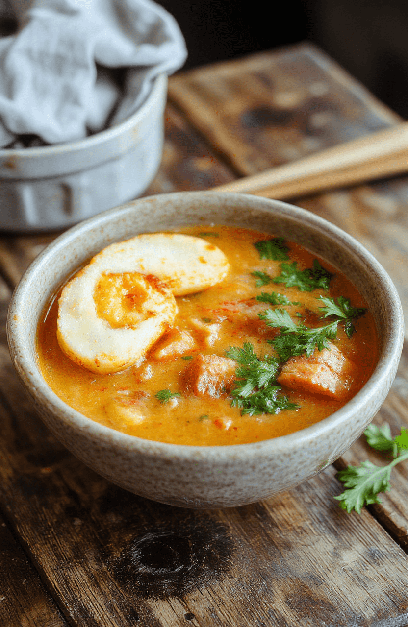 A vibrant bowl of Thai red curry noodle soup featuring colorful vegetables, tender noodles, and a rich red curry broth garnished with fresh herbs, presented on a rustic wooden table with a light background.