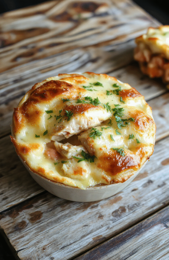 A warm, golden-brown chicken pot pie in a rustic white bowl, topped with flaky pastry crust and steaming hot filling visible through a cut slice, surrounded by fresh herbs on a wooden table