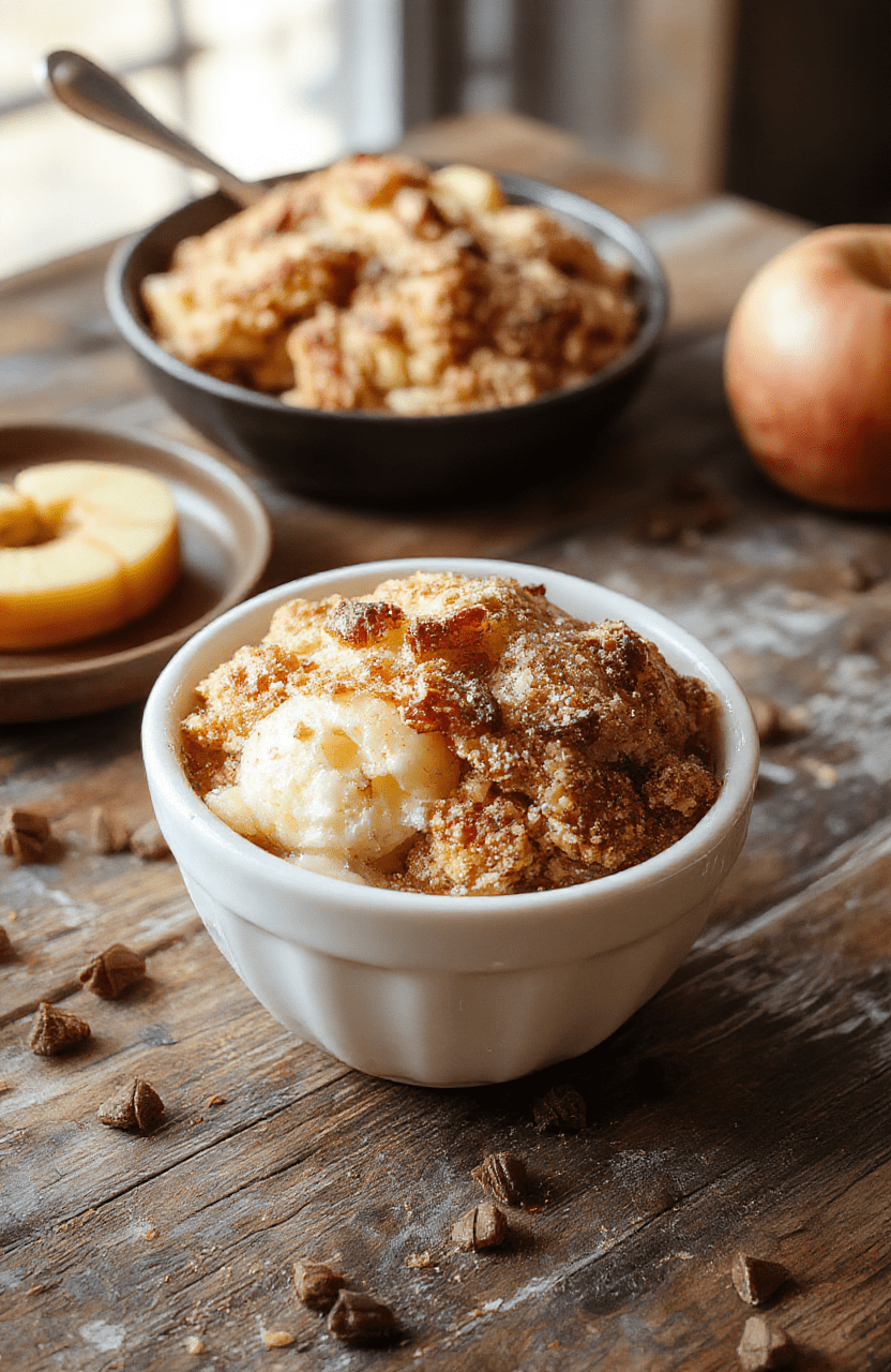 A warm apple crisp served in a rustic white dish, topped with golden-brown streusel and garnished with a sprig of fresh mint, surrounded by caramelized apple slices and cinnamon sticks, with a cozy fall background featuring soft natural light and autumn leaves.