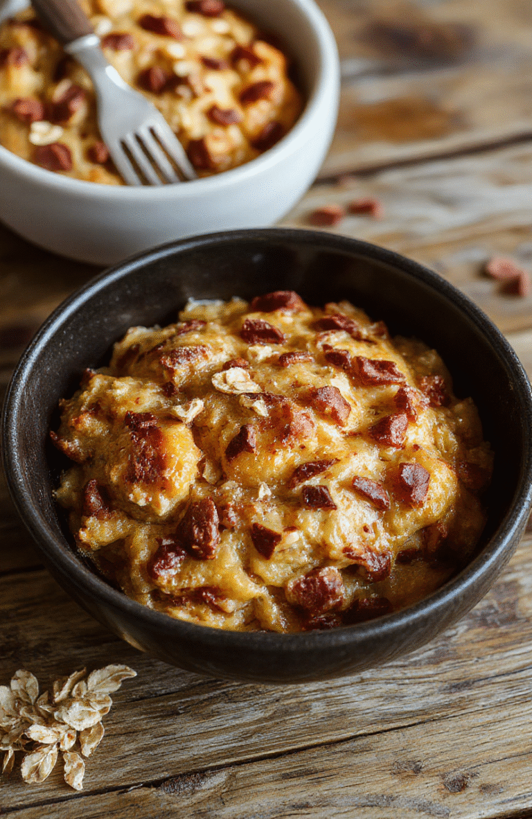 A warm, inviting plate of pumpkin baked oatmeal topped with cinnamon and a dollop of cream, surrounded by fresh pumpkin and fall leaves, styled on a rustic wooden table with natural daylight highlighting the textures and colors.